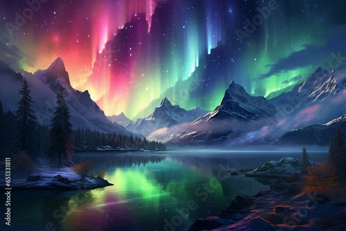 Stunning landscape featuring colorful aurora lights. Generative AI © Elara