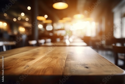 A wooden table with a blurry restaurant background. Generative AI