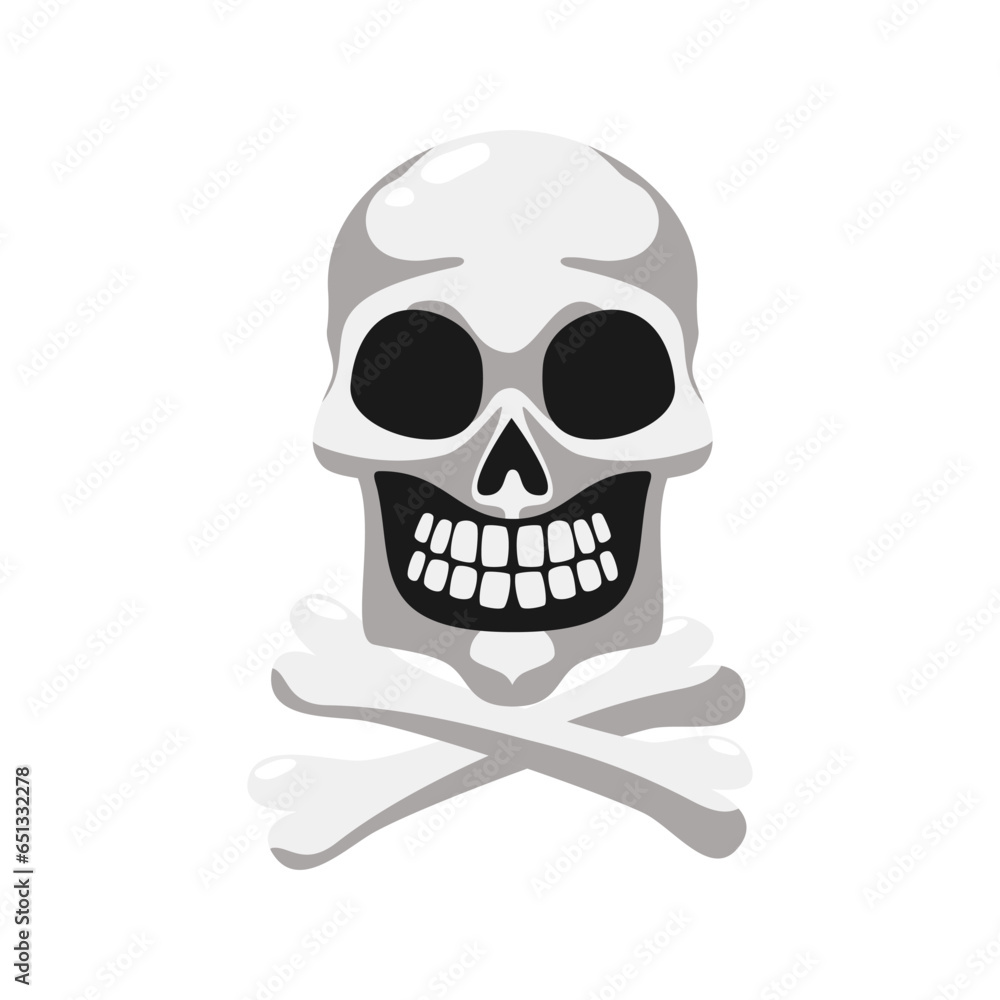 Fototapeta premium Skull and crossbones. Human skull. Mammal head bone with jaw and teeth. Anatomical cartoon vector illustration.