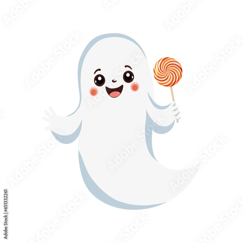 Cute Halloween ghost with a candy lollipop in his hand. Creepy cartoon spirit ghost. Traditional symbol and design element for Halloween celebration. Cartoon vector illustration.