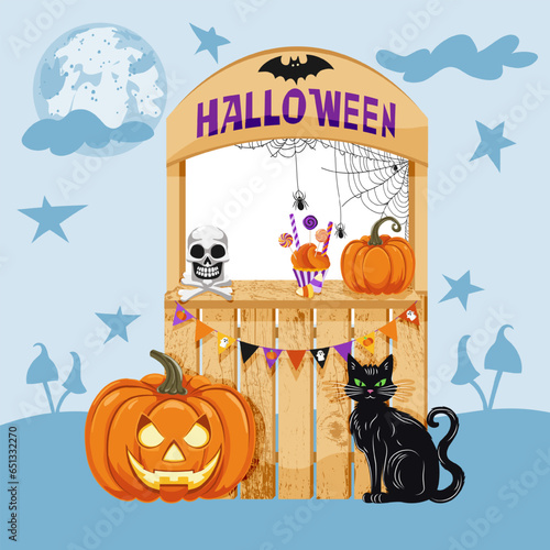 Banner decor with design elements for Halloween celebration decoration. Halloween frame. Wooden booth with pumpkin, black cat, treats, garland with flags, web with spiders, skull and crossbones.