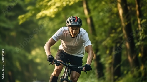 Man riding a bike in the forest.