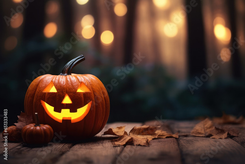 Halloween Pumpkin with Glowing Eyes, Forest Sunset Halloween Scene