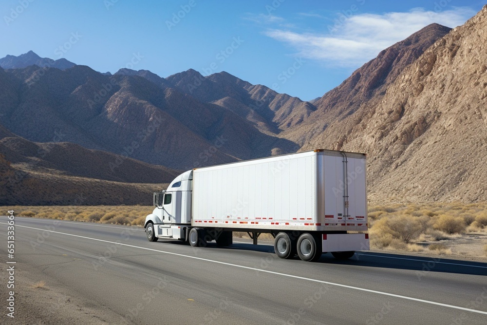 Midsized truck with refrigerated trailer driving on a highway flanked