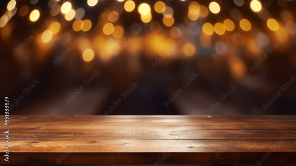 Wooden Table Elegance, Golden Bokeh in Restaurant Space