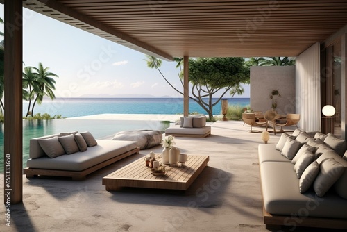 Luxurious beach home with a sea view  pool  wooden patio  large gray couch  hotel room decor. Generative AI