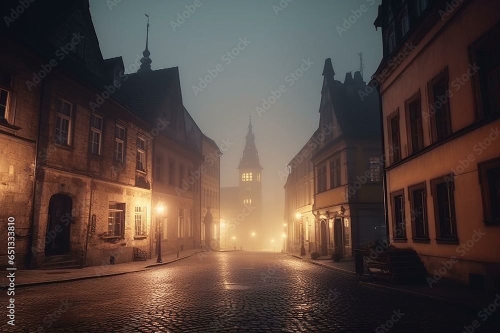 Misty evening in a historic European town. Generative AI