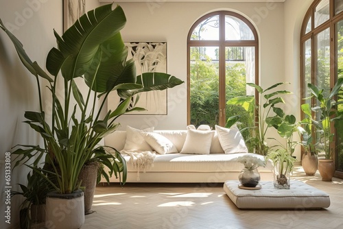 Bright living room with a large white bird of paradise plant on the floor. Generative AI