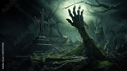 Creepy Zombie Hand Rising from Grave