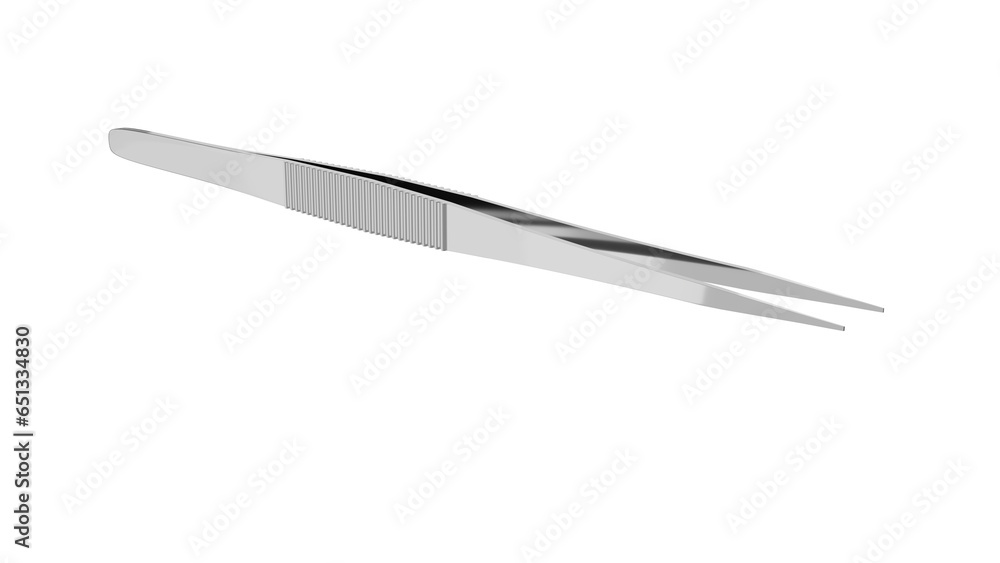 Steel sharp medical tweezers isolated on transparent and white background. Tweezers concept. 3D render - obrazy, fototapety, plakaty 