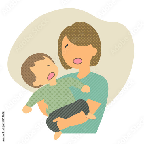 Illustration material: A mother holding a complaining toddler