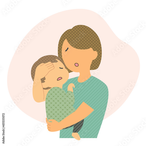 Illustration material: mother holding a feverish infant
