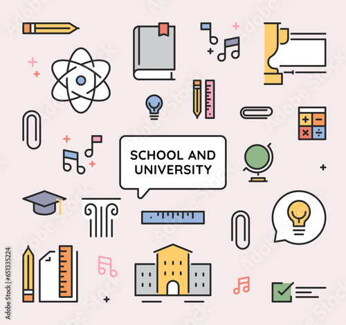 Set of school and university related icons, study, learning, knowledge, chemistry, globe, classroom, biology, history, math, geometry and flat design style minimal variety vectors.