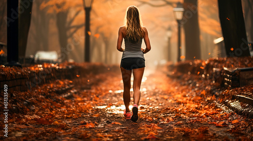 Runner feet on road in the city, closeup on shoes. Woman fitness sunrise jog workout wellness concept.