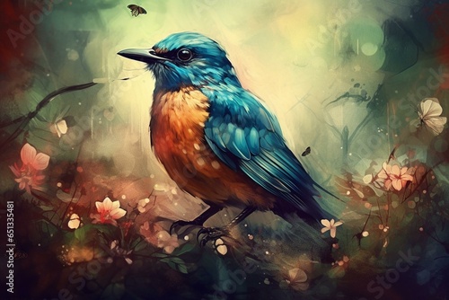 A beautiful painting of a lovely bird surrounded by an artistic background. Generative AI
