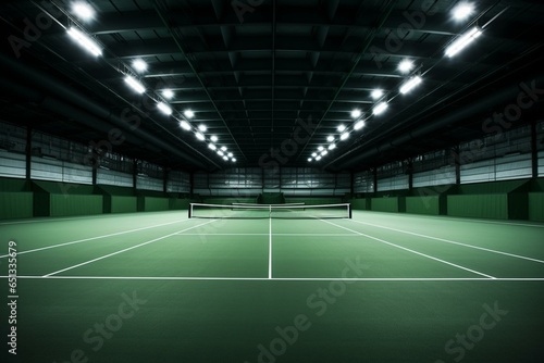 Well-illuminated tennis court hosting a tournament inside a large facility. Generative AI