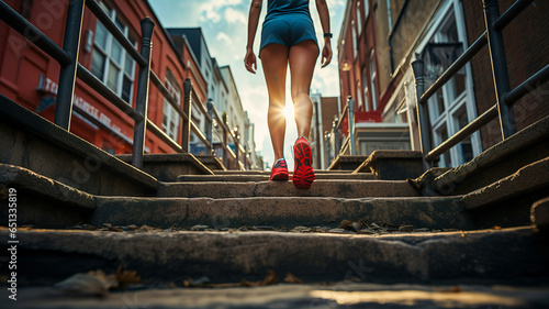 Runner feet on road in the city, closeup on shoes. Woman fitness sunrise jog workout wellness concept.