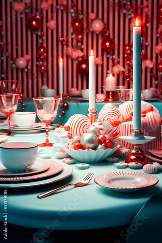 Elegant colourful table setting for a New Year’s  dinner with Christmas decoration in light cyan and red colours