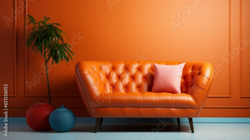 An orange tufted leather sofa stands out against a coral wall with ample copy space in the minimalist home interior design of the modern living room