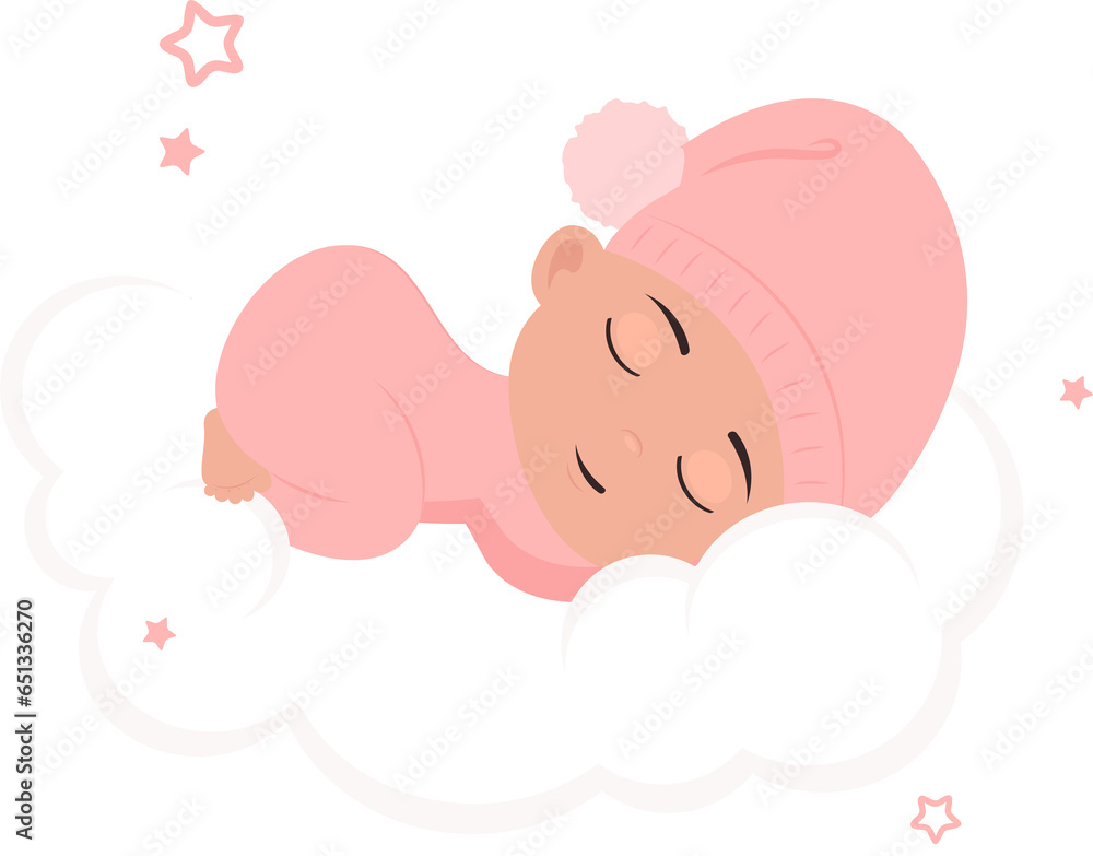 Baby girl asleep on a cloud illustration graphic transparent background