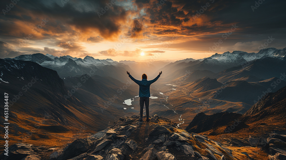 Hiker with arms up standing on the top of the mountain - Successful man enjoying triumph - Sport and success concept - obrazy, fototapety, plakaty 