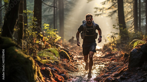 Runner in green forest running in rain. Sport in nature. Trail running