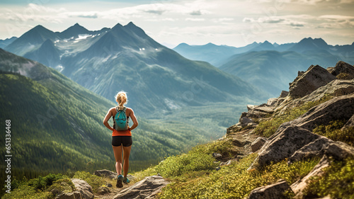 A strong female trail runner with majestic mountains and blue sky. AI