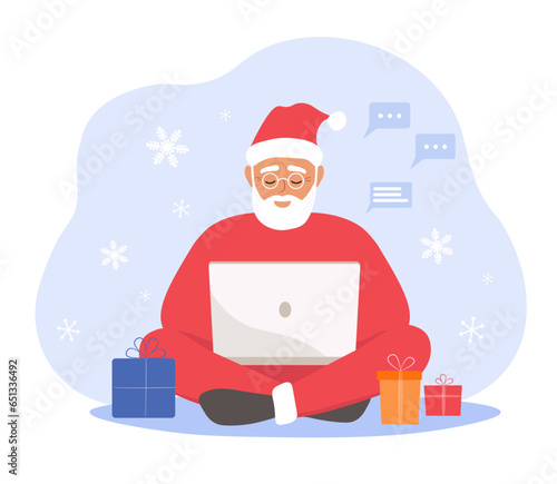 Modern Santa Claus sits at a laptop, communicates with messages, prepares gifts against the backdrop of snowflakes. Vector flat graphics.