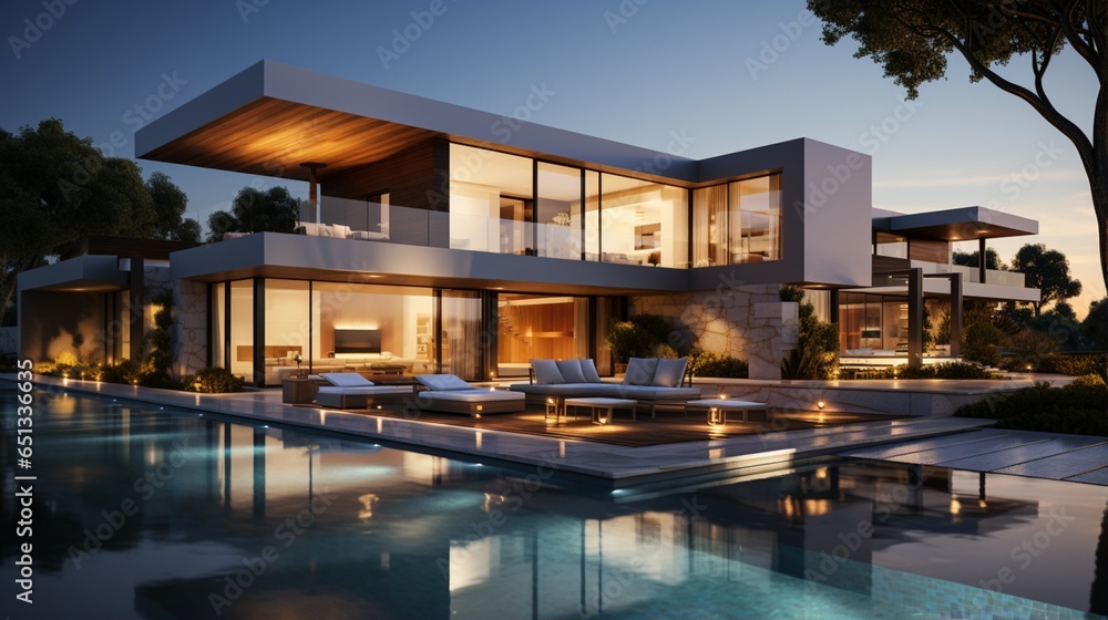 Exterior of a modern minimalist cubic villa with a swimming pool at sunset