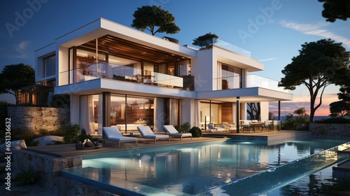 Exterior of a modern minimalist cubic villa with a balcony, terrace, and swimming pool