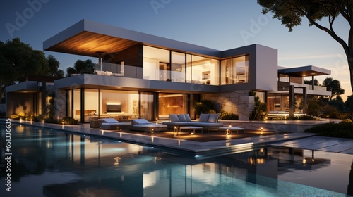 Exterior of a modern minimalist cubic villa with a swimming pool at sunset © Newton