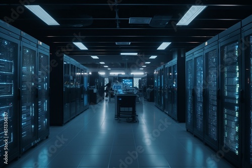 Functional data center  rack servers  blinking emergency lights  computers. Generative AI