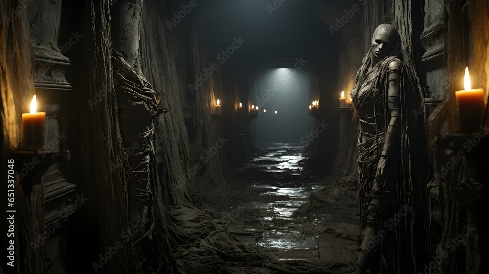 spooky hallway next to a mummy spooky hallway next to a mummy