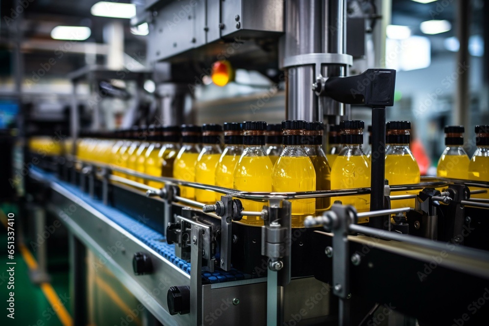 Automated bottling machines for juice production. Generative AI