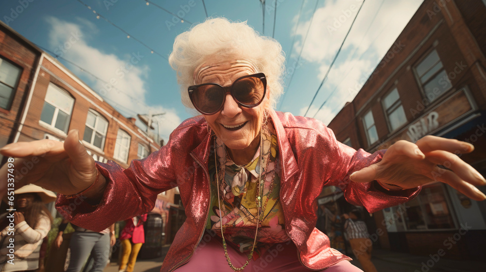  grandmother with glasses cool outfit dancing and jumping with health and vitality fashion style