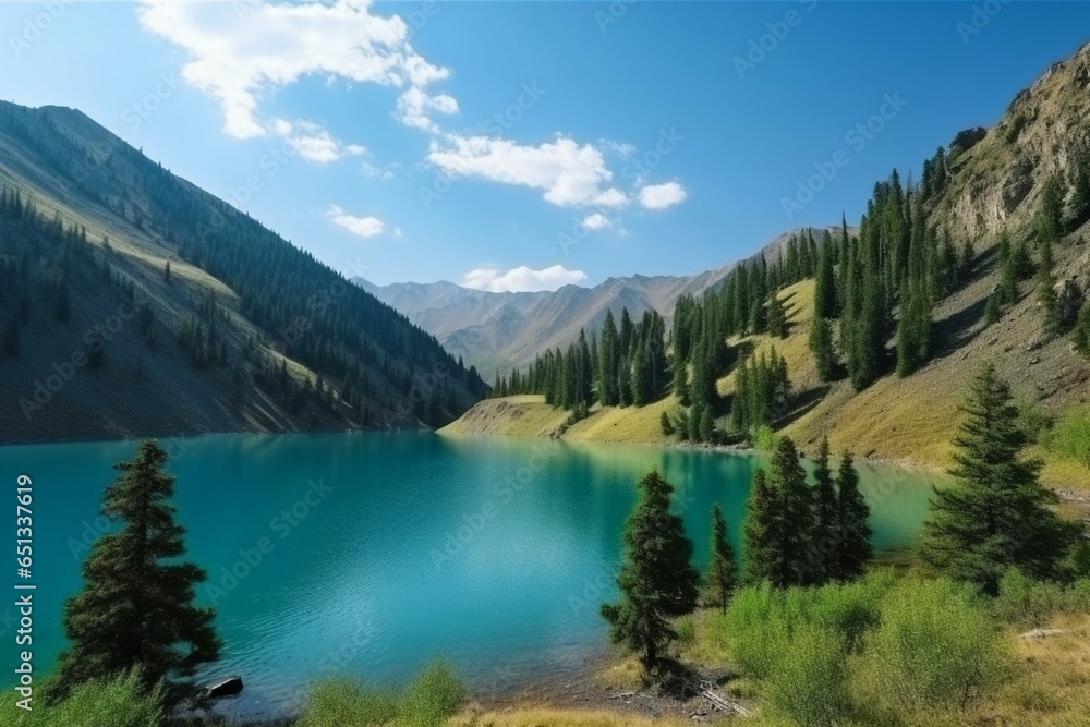 Scenic view of Kolsai mountain lake in Kazakhstan. Generative AI