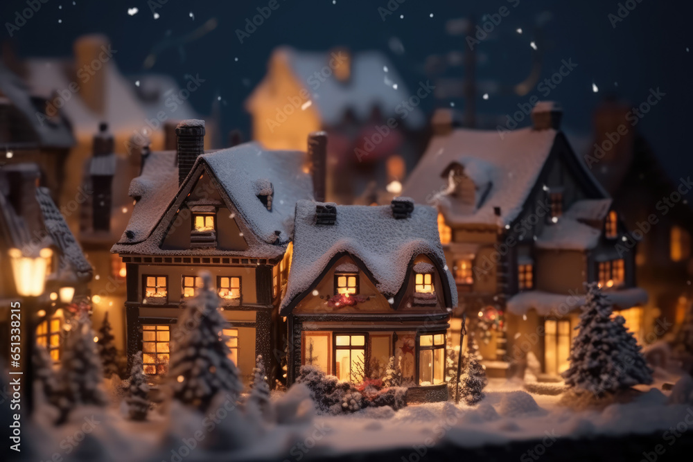 Fairy Winter Town. Christmas Village in the snow. Cute Toy Christmas Houses