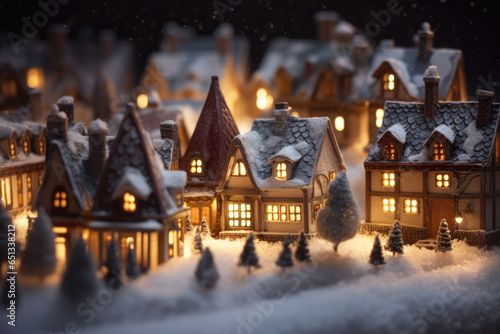 Fairy Winter Town at night. Christmas Village in the snow. Cute Toy Christmas Houses