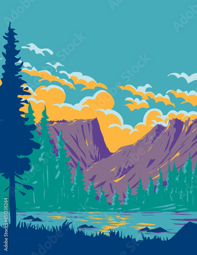 WPA poster art of Dream Lake in Rocky Mountain National Park in northern Colorado, USA done in works project administration or federal art project style.
