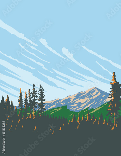 WPA poster art of Arapaho National Forest in the Rocky Mountains of Colorado, USA done in works project administration or federal art project style.
