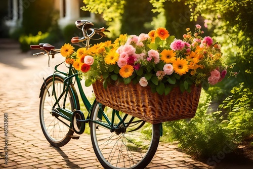 bicycle and flowers in the street, A quaint bicycle basket adorned with vibrant, freshly-picked flowers stands as a symbol of simplicity and beauty.
