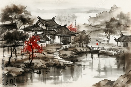 Ink and watercolor painting of traditional Chinese landscape depicting oriental art and scenery. Generative AI