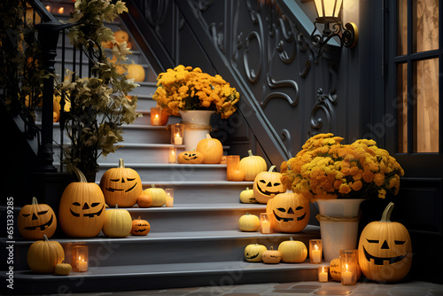 Modern house staircase, decorated scary pumpkins for Halloween photo