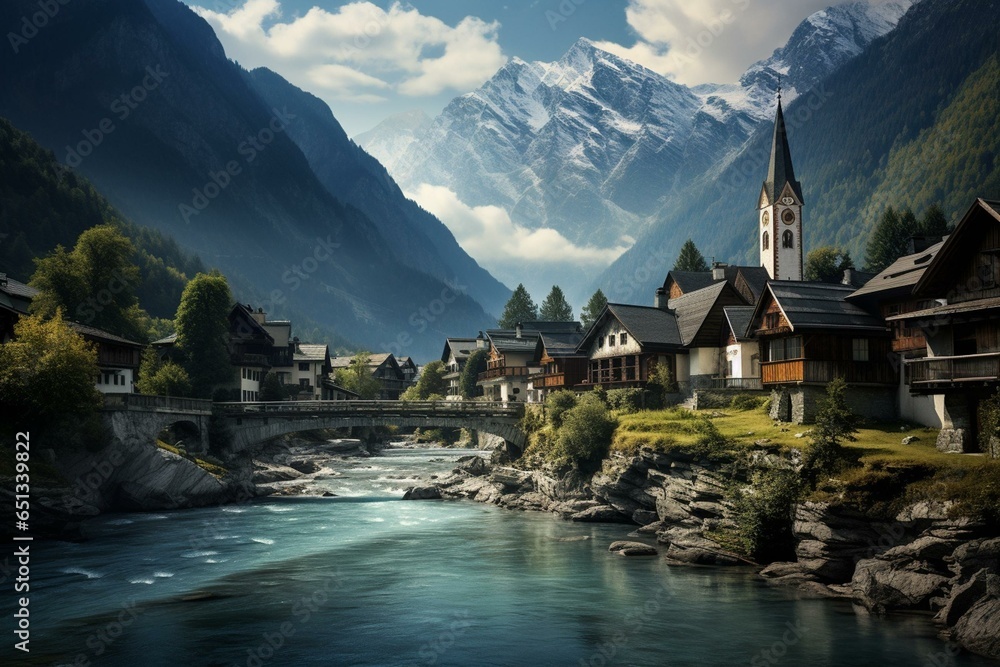 Austrian town in Tyrol. Generative AI - obrazy, fototapety, plakaty 