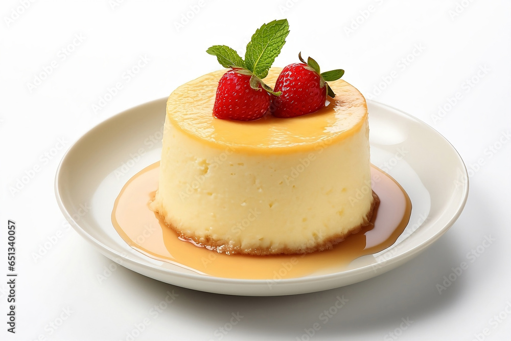 Japanese cheesecake with strawberries on plate on white background. Japanese cheesecake with strawberries on plate on white background.