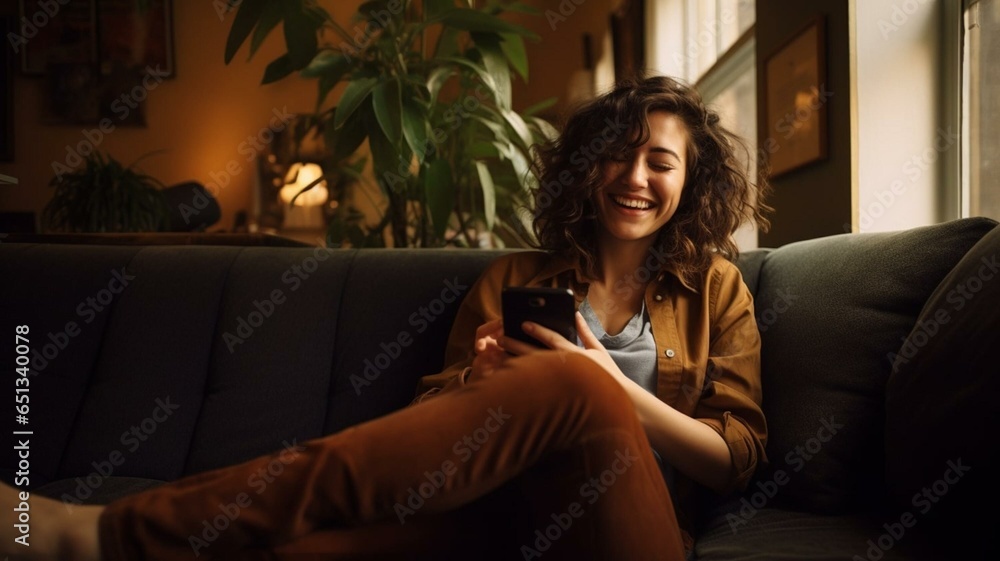 woman sitting on sofa with a mobile phone - obrazy, fototapety, plakaty 
