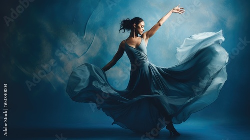 Graceful Woman Dancing Passionately, Immersed in Movement, Set Against a Deep Blue Studio Backdrop with Ample Room for Text- generative AI, fiction Person