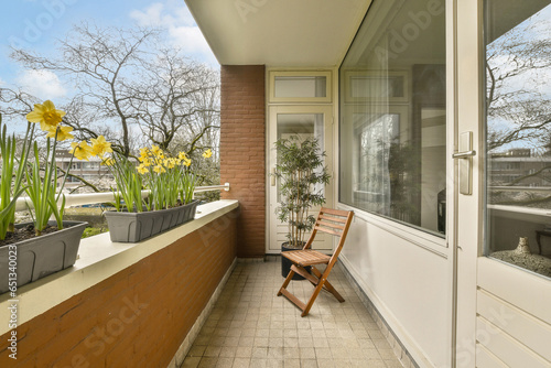Wooden chair and plants in balcony outside house photo