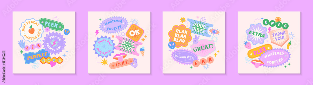 Vector set of cute backgrounds with patches and stickers in 90s style.Modern illustrations in y2k aesthetic with text.Trendy funky designs for banners; smm; branding; packaging; covers Vector set of cute backgrounds with patches and stickers in 90s style.Modern illustrations in y2k aesthetic with text.Trendy funky designs for banners; smm; branding; packaging; covers