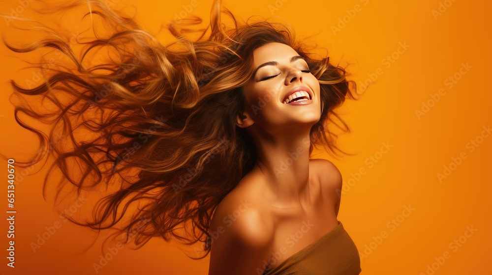 Happy young woman dancing and flipping her hair in a studio, orange background- generative AI, fiction Person Happy young woman dancing and flipping her hair in a studio, orange background- generative AI, fiction Person
